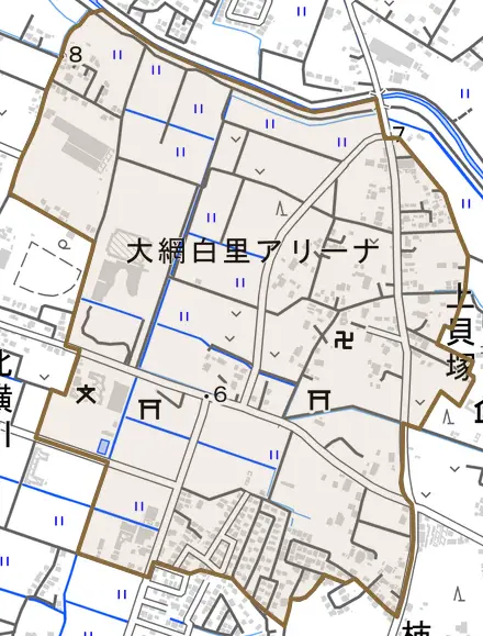上貝塚とその周辺の地図。町の範囲を重ねている