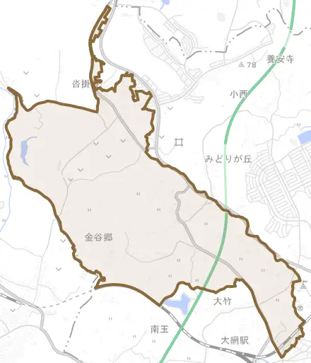 金谷郷とその周辺の地図。町の範囲を重ねている