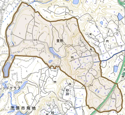 萱野とその周辺の地図。町の範囲を重ねている