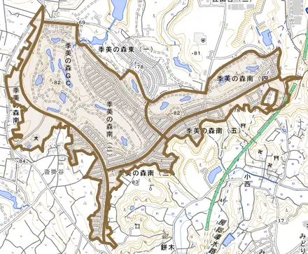 季美の森南とその周辺の地図。町の範囲を重ねている