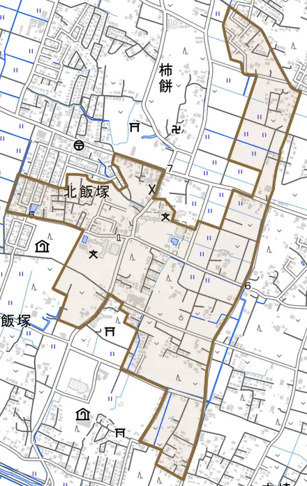 北飯塚とその周辺の地図。町の範囲を重ねている