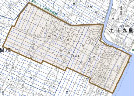 北今泉とその周辺の地図。町の範囲を重ねている