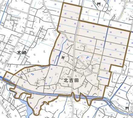 北吉田とその周辺の地図。町の範囲を重ねている
