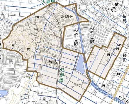 駒込とその周辺の地図。町の範囲を重ねている