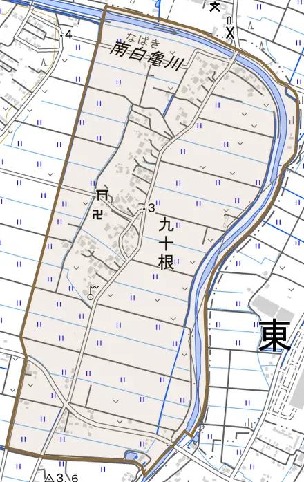 九十根とその周辺の地図。町の範囲を重ねている
