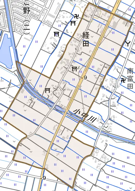 経田とその周辺の地図。町の範囲を重ねている