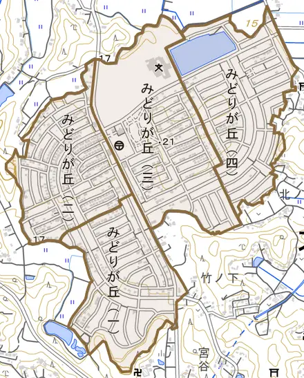 みどりが丘とその周辺の地図。町の範囲を重ねている