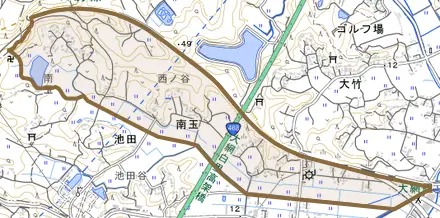 南玉とその周辺の地図。町の範囲を重ねている