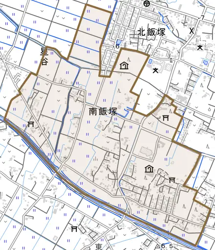 南飯塚とその周辺の地図。町の範囲を重ねている
