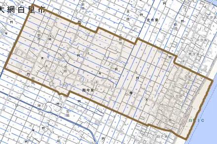 南今泉とその周辺の地図。町の範囲を重ねている