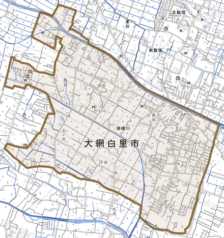南横川とその周辺の地図。町の範囲を重ねている