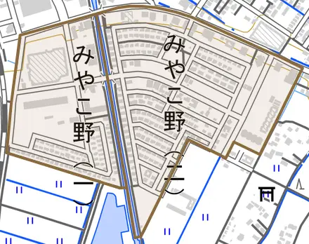 みやこ野とその周辺の地図。町の範囲を重ねている