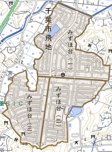 みずほ台とその周辺の地図。町の範囲を重ねている