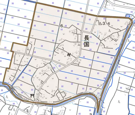 長国とその周辺の地図。町の範囲を重ねている