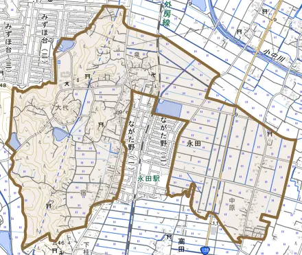 永田とその周辺の地図。町の範囲を重ねている
