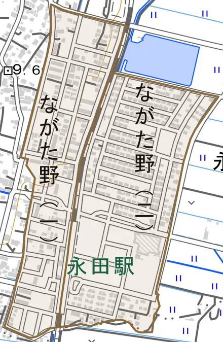 ながた野とその周辺の地図。町の範囲を重ねている