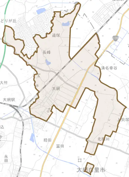 大網とその周辺の地図。町の範囲を重ねている
