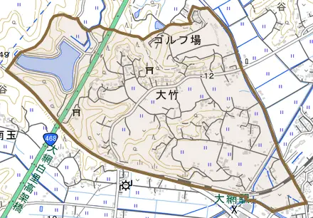 大竹とその周辺の地図。町の範囲を重ねている