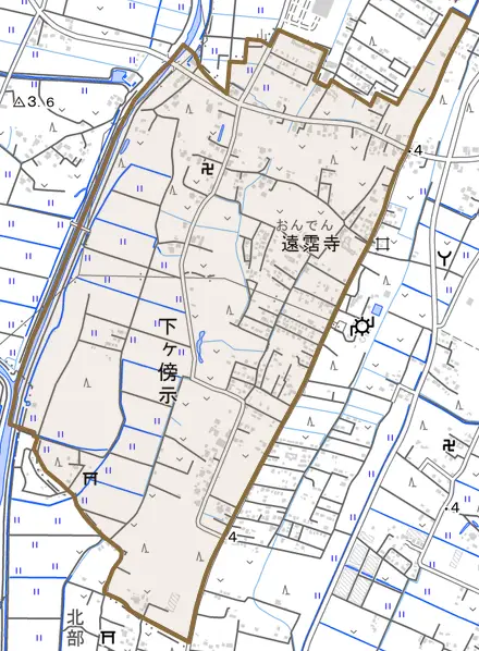 下ケ傍示とその周辺の地図。町の範囲を重ねている