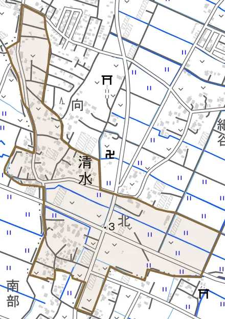 清水とその周辺の地図。町の範囲を重ねている