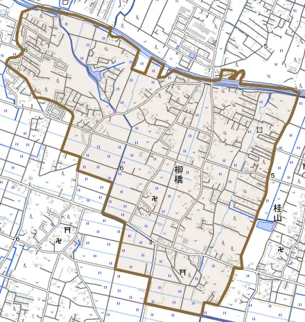 柳橋とその周辺の地図。町の範囲を重ねている