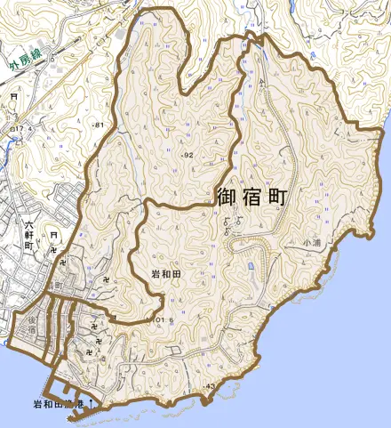 岩和田とその周辺の地図。町の範囲を重ねている