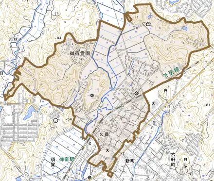 久保とその周辺の地図。町の範囲を重ねている