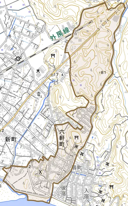 六軒町とその周辺の地図。町の範囲を重ねている