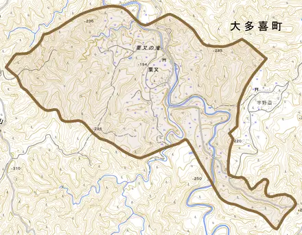 粟又とその周辺の地図。町の範囲を重ねている