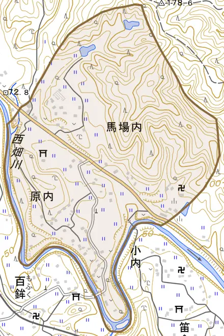 馬場内とその周辺の地図。町の範囲を重ねている