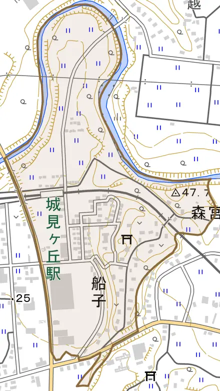 船子とその周辺の地図。町の範囲を重ねている