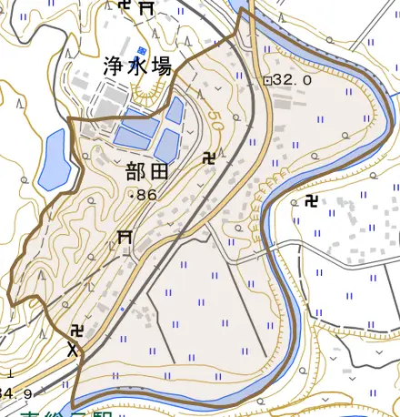 部田とその周辺の地図。町の範囲を重ねている