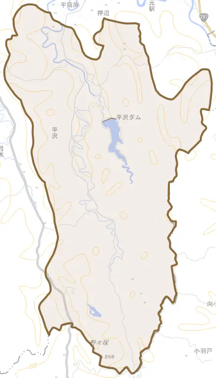 平沢とその周辺の地図。町の範囲を重ねている