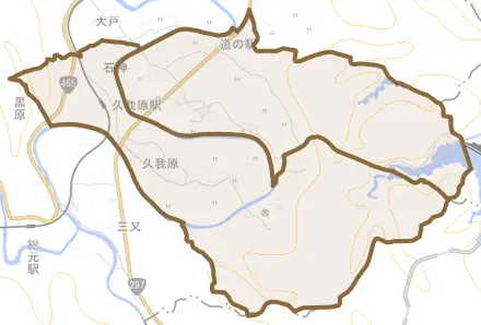 石神とその周辺の地図。町の範囲を重ねている