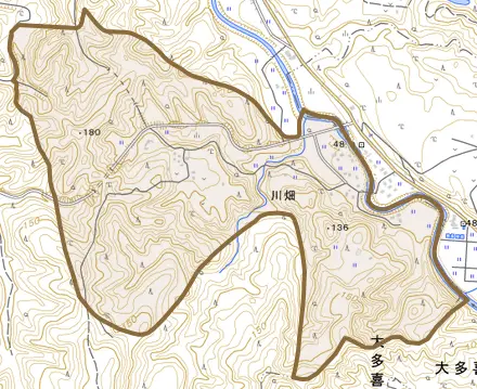 川畑とその周辺の地図。町の範囲を重ねている