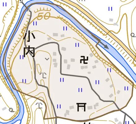 小内とその周辺の地図。町の範囲を重ねている