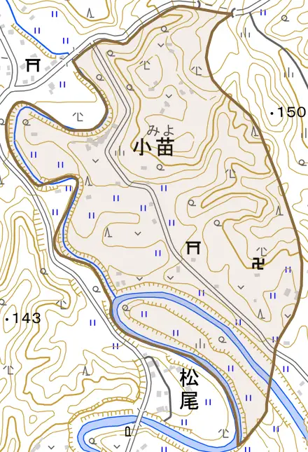 小苗とその周辺の地図。町の範囲を重ねている