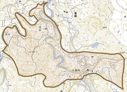 小田代とその周辺の地図。町の範囲を重ねている