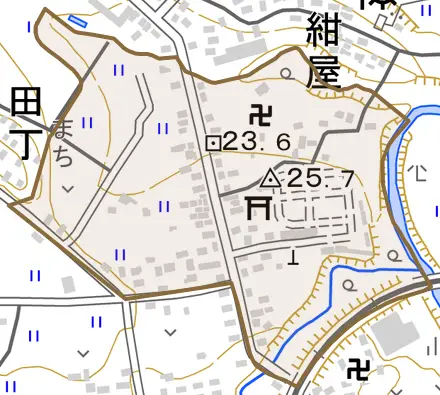 紺屋とその周辺の地図。町の範囲を重ねている