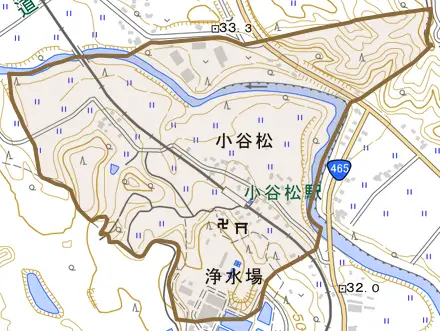 小谷松とその周辺の地図。町の範囲を重ねている