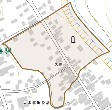 久保とその周辺の地図。町の範囲を重ねている