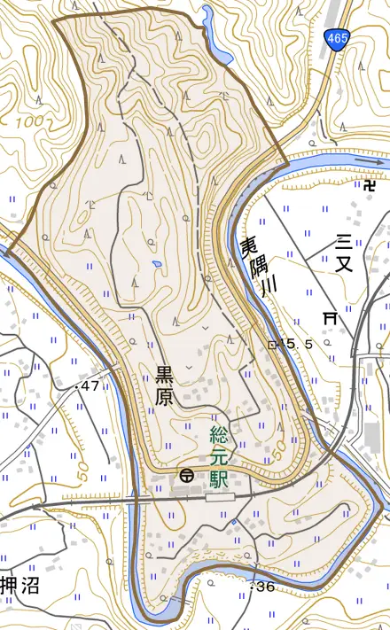 黒原とその周辺の地図。町の範囲を重ねている
