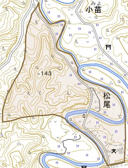 松尾とその周辺の地図。町の範囲を重ねている