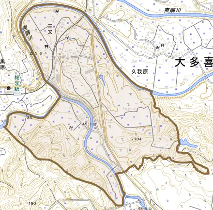 三又とその周辺の地図。町の範囲を重ねている