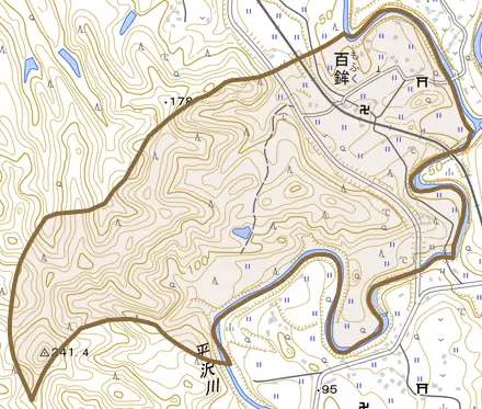 百鉾とその周辺の地図。町の範囲を重ねている