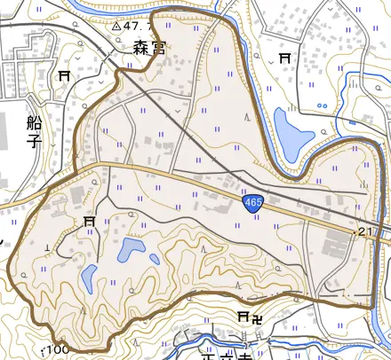 森宮とその周辺の地図。町の範囲を重ねている