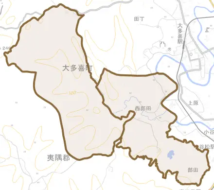 西部田とその周辺の地図。町の範囲を重ねている