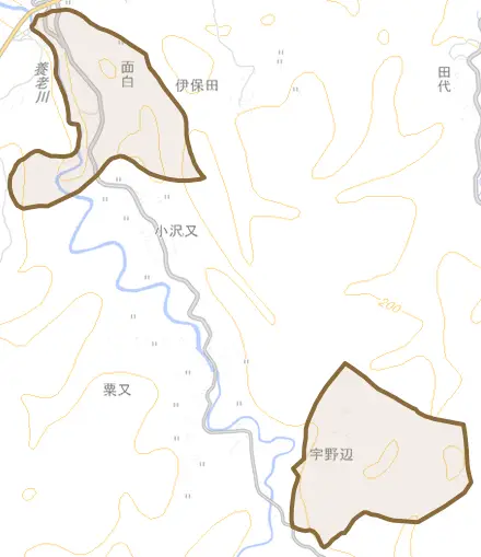 面白とその周辺の地図。町の範囲を重ねている
