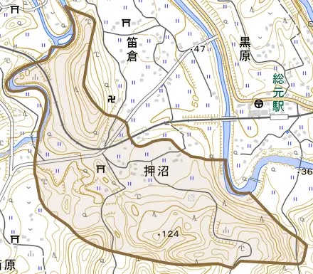 押沼とその周辺の地図。町の範囲を重ねている