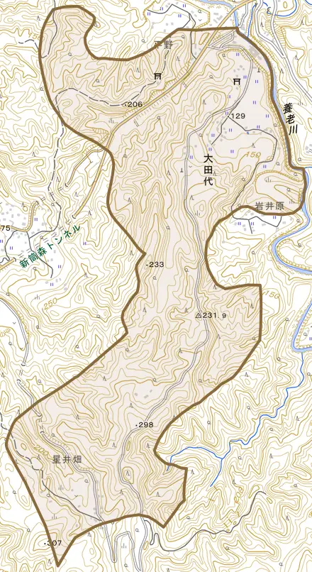 大田代とその周辺の地図。町の範囲を重ねている